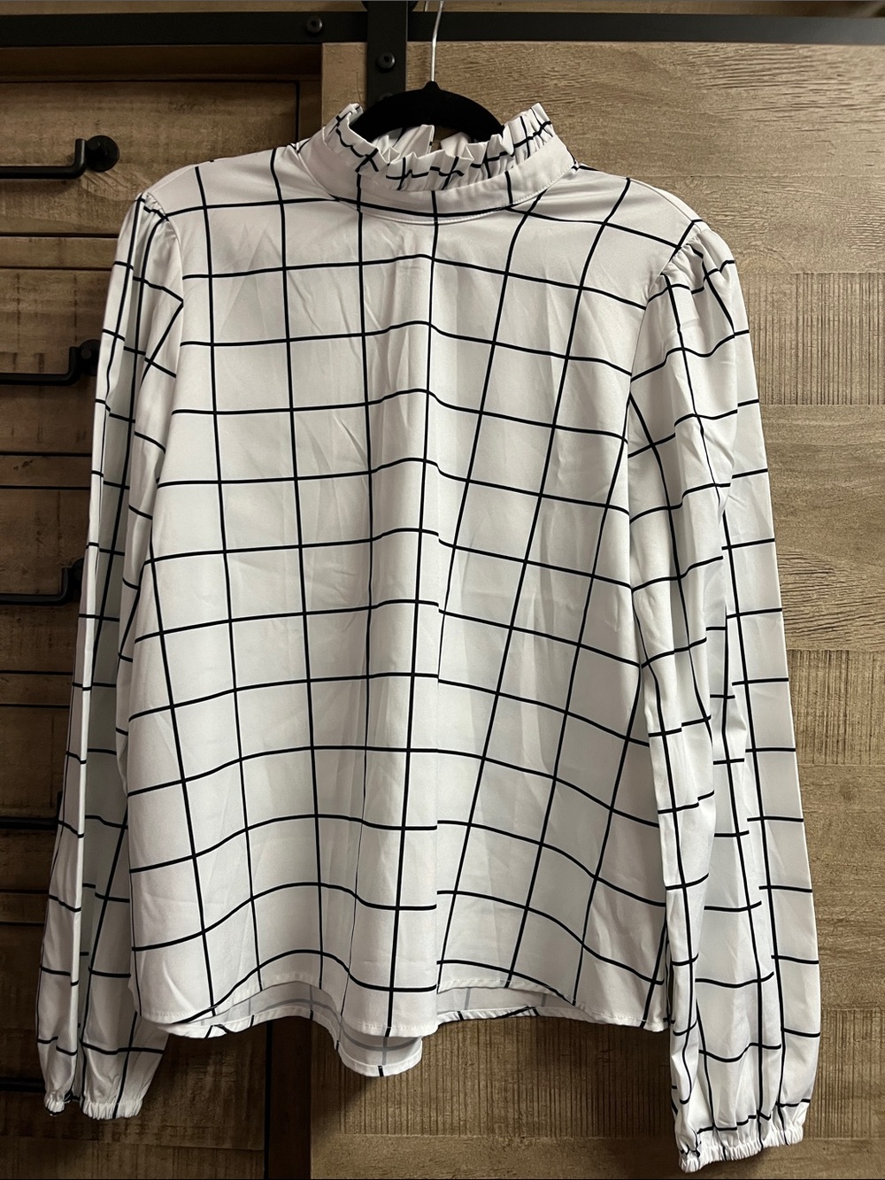 Women's White Grid Print Ruffle Neck Blouse